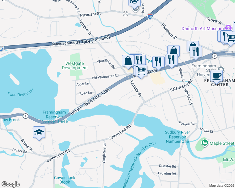 map of restaurants, bars, coffee shops, grocery stores, and more near 1296 Worcester Road in Framingham