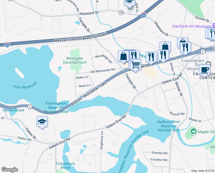 map of restaurants, bars, coffee shops, grocery stores, and more near 1323 Worcester Road in Framingham
