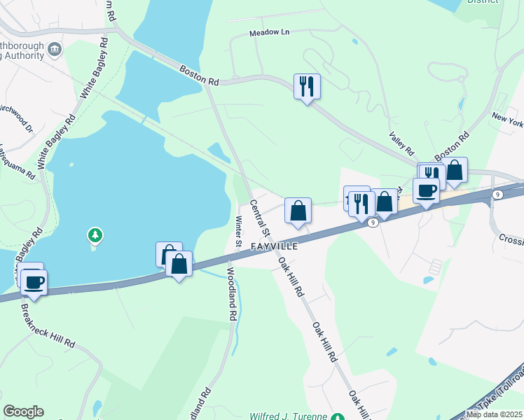 map of restaurants, bars, coffee shops, grocery stores, and more near 42 Central Street in Southborough