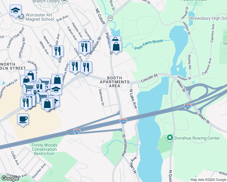 map of restaurants, bars, coffee shops, grocery stores, and more near 655 Plantation Street in Worcester