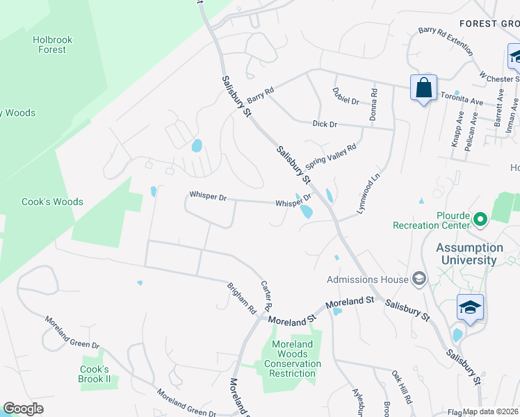 map of restaurants, bars, coffee shops, grocery stores, and more near 18 Whisper Drive in Worcester