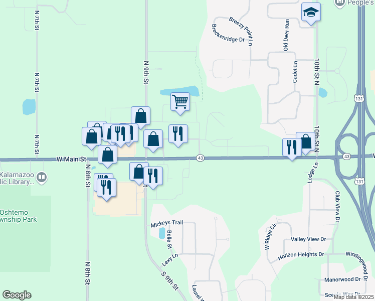 map of restaurants, bars, coffee shops, grocery stores, and more near 6560 West Main Street in Kalamazoo