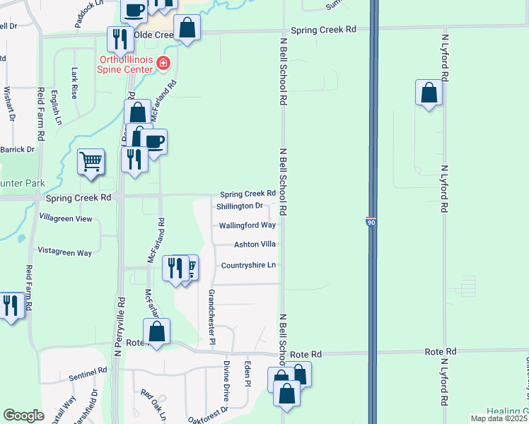 map of restaurants, bars, coffee shops, grocery stores, and more near 7434 Shillington Drive in Rockford