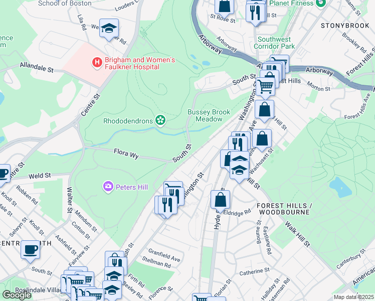 map of restaurants, bars, coffee shops, grocery stores, and more near 384 South Street in Boston