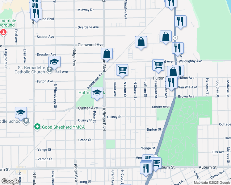 map of restaurants, bars, coffee shops, grocery stores, and more near 2213 Grant Avenue in Rockford