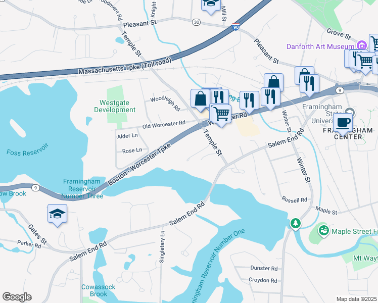 map of restaurants, bars, coffee shops, grocery stores, and more near 1296 Worcester Road in Framingham