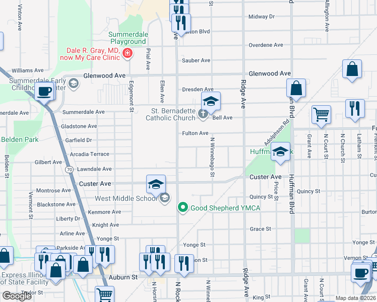 map of restaurants, bars, coffee shops, grocery stores, and more near 2407 Van Wie Avenue in Rockford