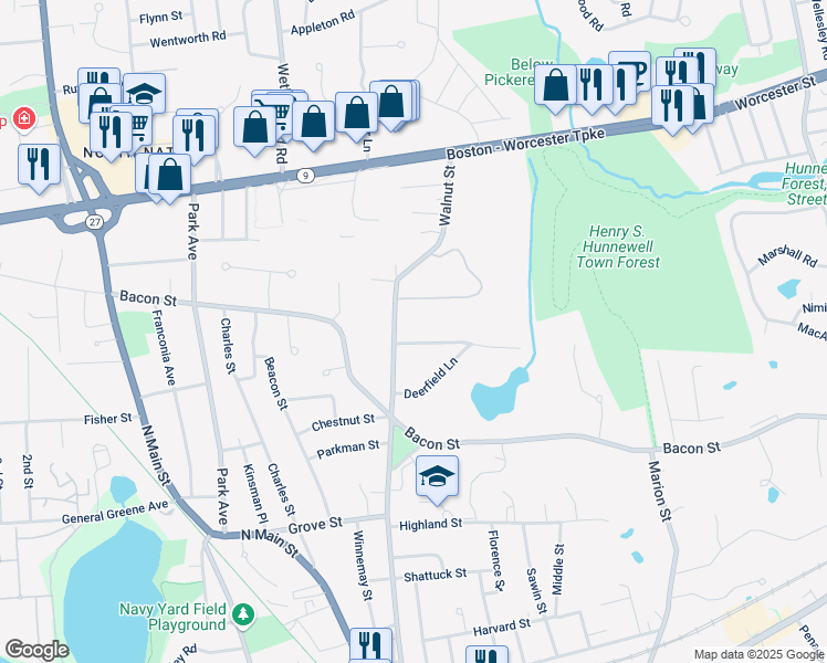 map of restaurants, bars, coffee shops, grocery stores, and more near 115 Walnut Street in Natick