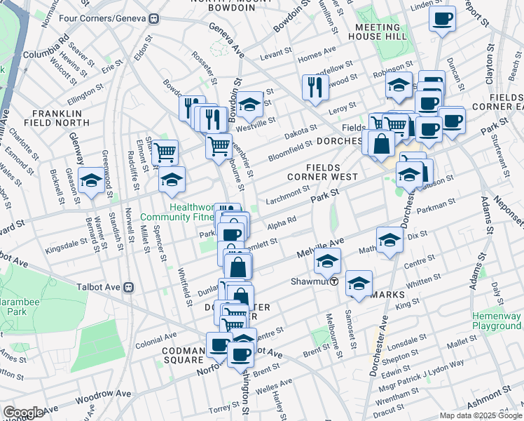 map of restaurants, bars, coffee shops, grocery stores, and more near 110 Greenbrier Street in Boston