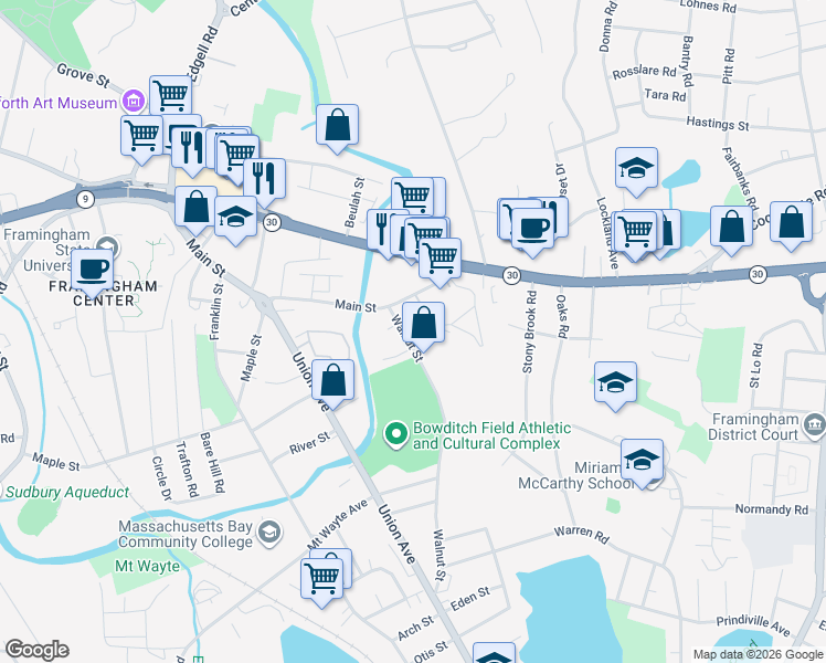 map of restaurants, bars, coffee shops, grocery stores, and more near 223 Walnut Street in Framingham