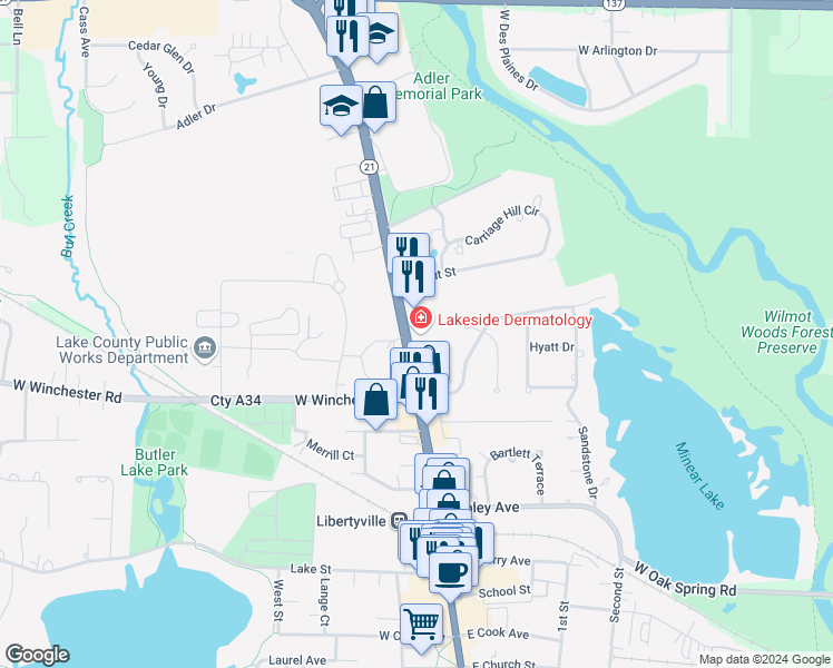 map of restaurants, bars, coffee shops, grocery stores, and more near 1240 North Milwaukee Avenue in Libertyville
