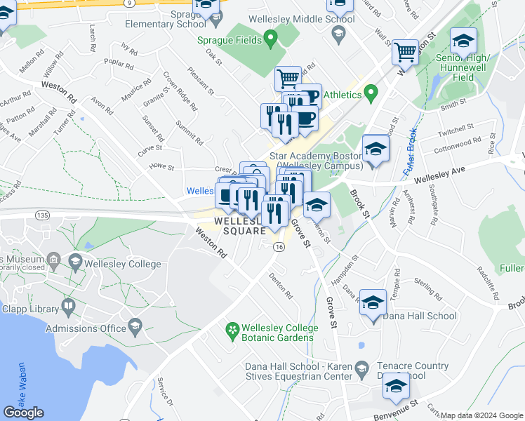 map of restaurants, bars, coffee shops, grocery stores, and more near 8 Central Street in Wellesley