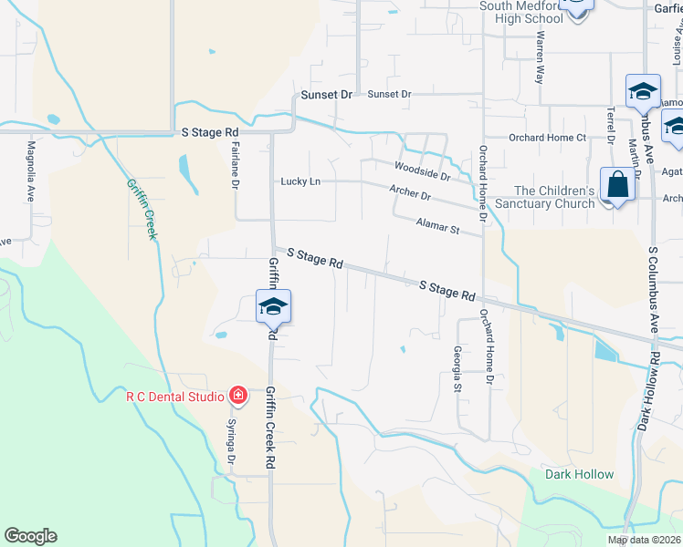 map of restaurants, bars, coffee shops, grocery stores, and more near 2440 South Stage Road in Medford