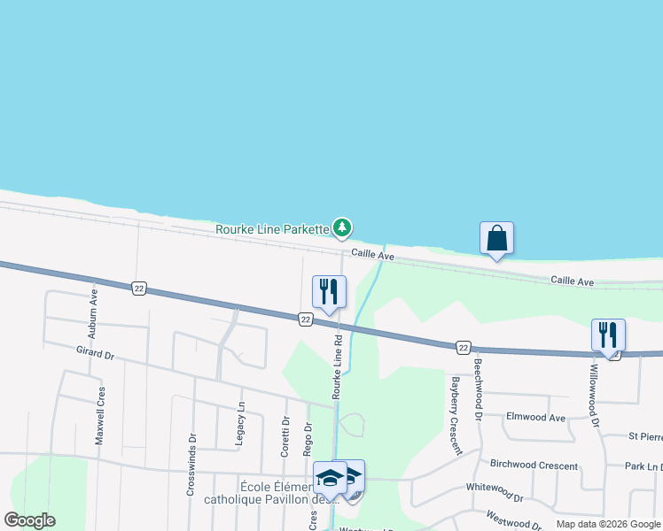 map of restaurants, bars, coffee shops, grocery stores, and more near 1500 Callie Avenue in Belle River