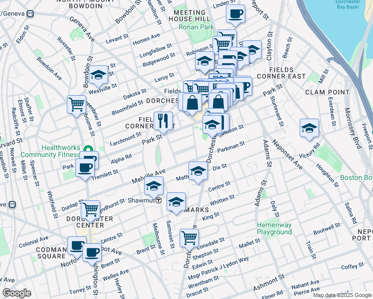 map of restaurants, bars, coffee shops, grocery stores, and more near 15 Paisley Park in Boston