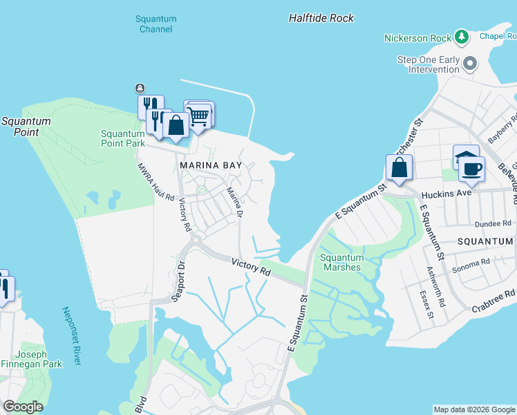map of restaurants, bars, coffee shops, grocery stores, and more near 25 Harbourside Road in Quincy