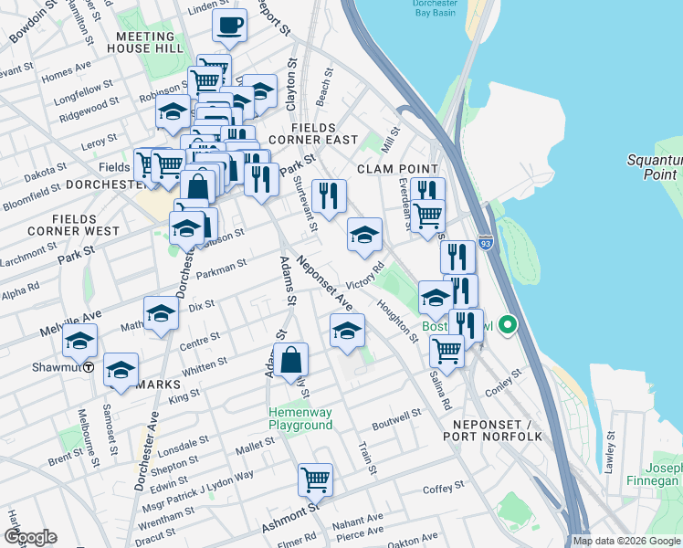 map of restaurants, bars, coffee shops, grocery stores, and more near 70 Victory Road in Boston