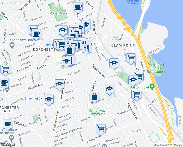map of restaurants, bars, coffee shops, grocery stores, and more near 3 Neponset Avenue in Boston