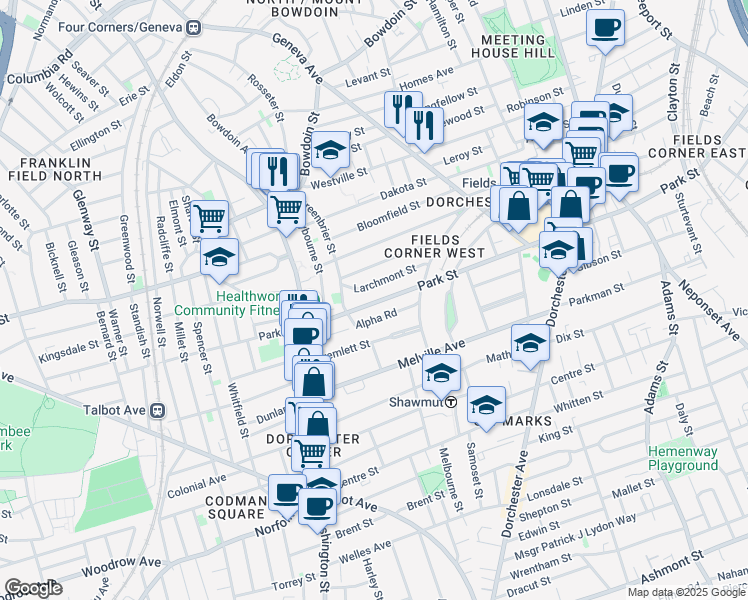 map of restaurants, bars, coffee shops, grocery stores, and more near 20 Larchmont Street in Boston
