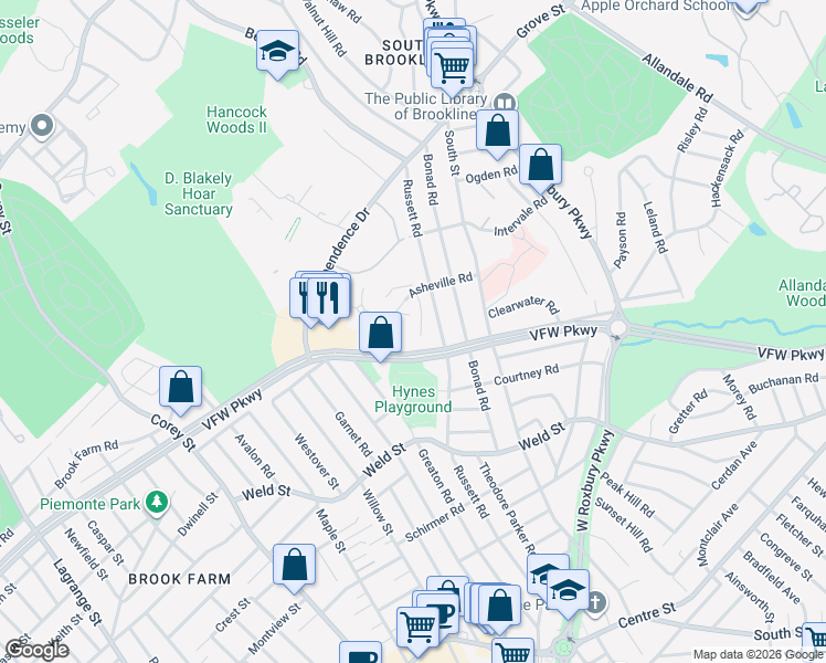 map of restaurants, bars, coffee shops, grocery stores, and more near 93 Asheville Road in Brookline