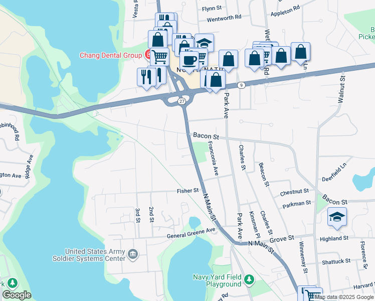 map of restaurants, bars, coffee shops, grocery stores, and more near 160 North Main Street in Natick