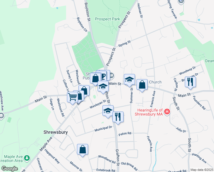 map of restaurants, bars, coffee shops, grocery stores, and more near 5 Church Road in Shrewsbury