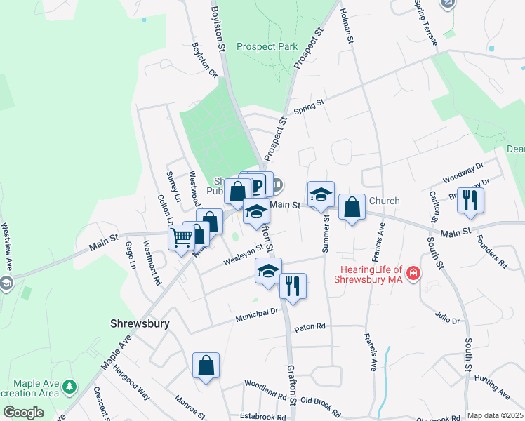 map of restaurants, bars, coffee shops, grocery stores, and more near 5 Church Road in Shrewsbury
