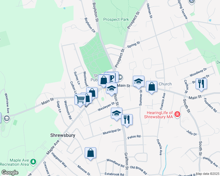 map of restaurants, bars, coffee shops, grocery stores, and more near 5 Church Road in Shrewsbury