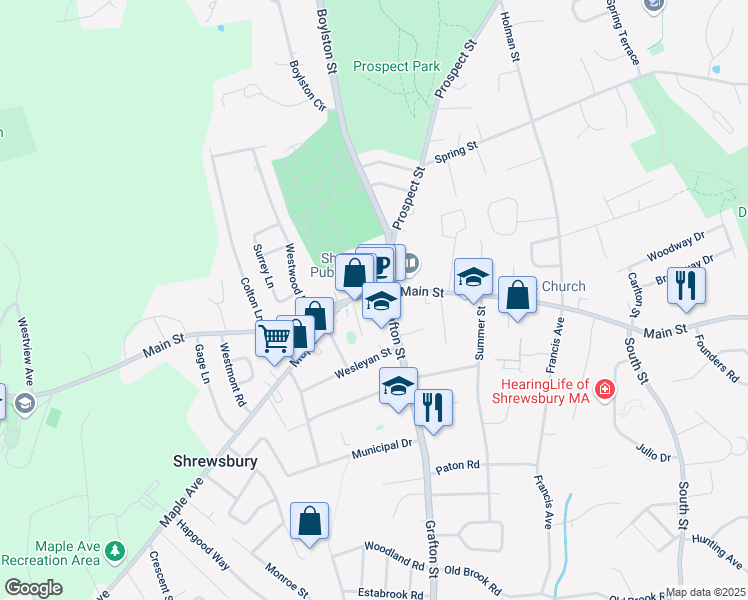 map of restaurants, bars, coffee shops, grocery stores, and more near 557 Main Street in Shrewsbury