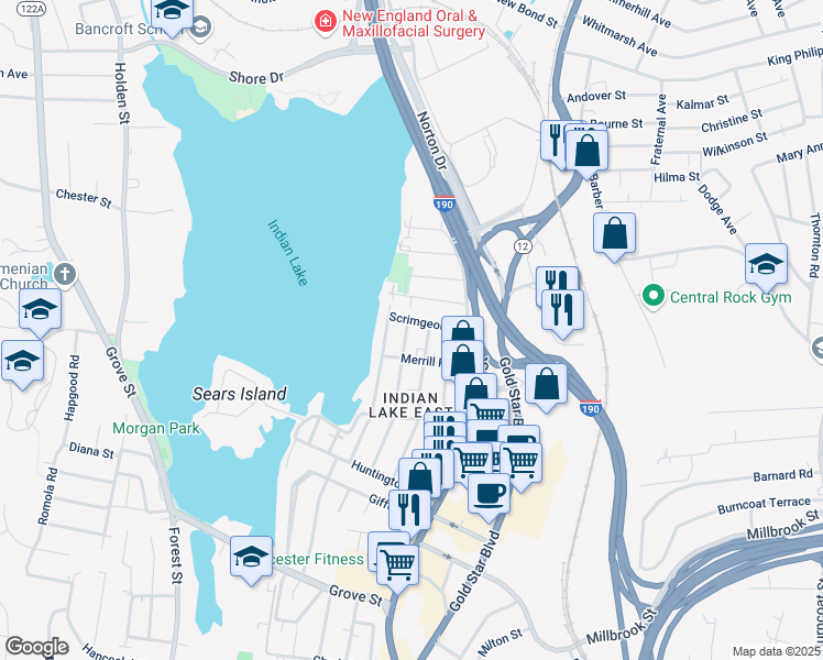 map of restaurants, bars, coffee shops, grocery stores, and more near 33 Sherburne Avenue in Worcester
