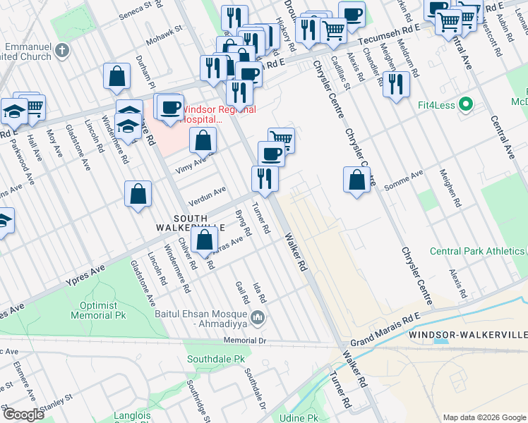 map of restaurants, bars, coffee shops, grocery stores, and more near 2402 Turner Road in Windsor