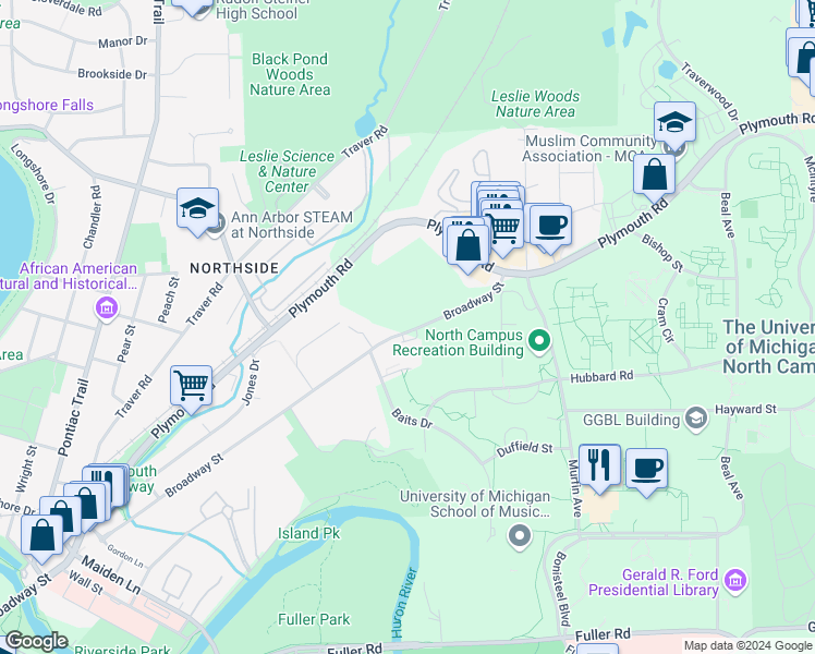 map of restaurants, bars, coffee shops, grocery stores, and more near 1683 Broadway Street in Ann Arbor
