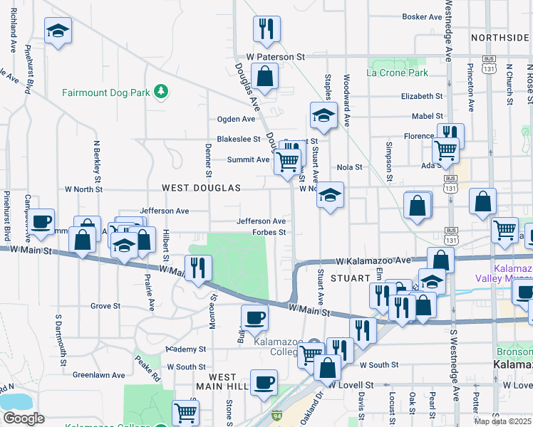 map of restaurants, bars, coffee shops, grocery stores, and more near 632 Summer Street in Kalamazoo