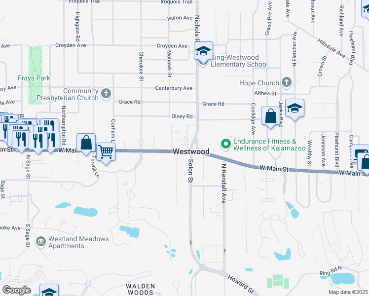 map of restaurants, bars, coffee shops, grocery stores, and more near 3318 West Main Street in Kalamazoo