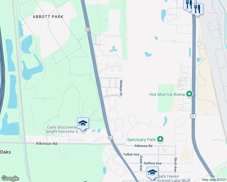 map of restaurants, bars, coffee shops, grocery stores, and more near 140 Hemstead Street in Lake Bluff