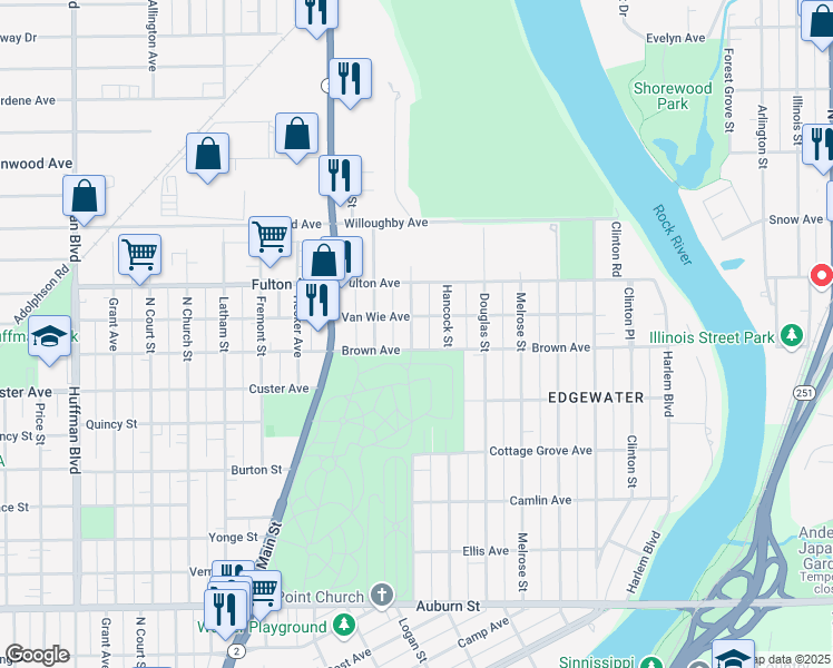 map of restaurants, bars, coffee shops, grocery stores, and more near 909 Van Wie Avenue in Rockford
