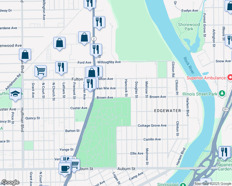 map of restaurants, bars, coffee shops, grocery stores, and more near 909 Van Wie Avenue in Rockford
