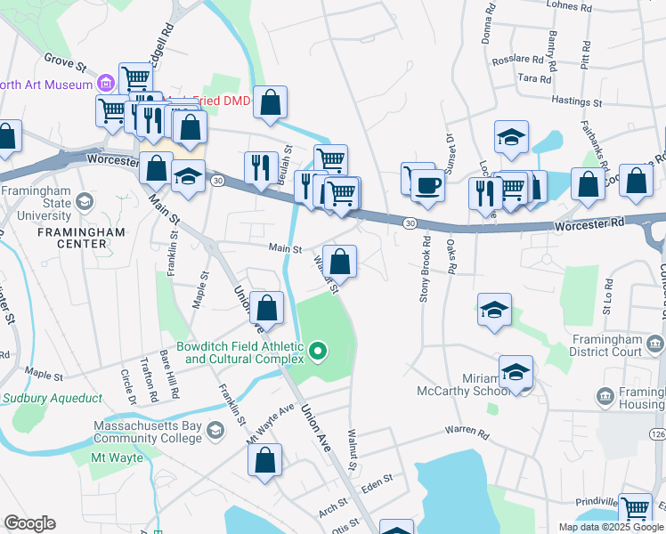 map of restaurants, bars, coffee shops, grocery stores, and more near 235 Walnut Street in Framingham