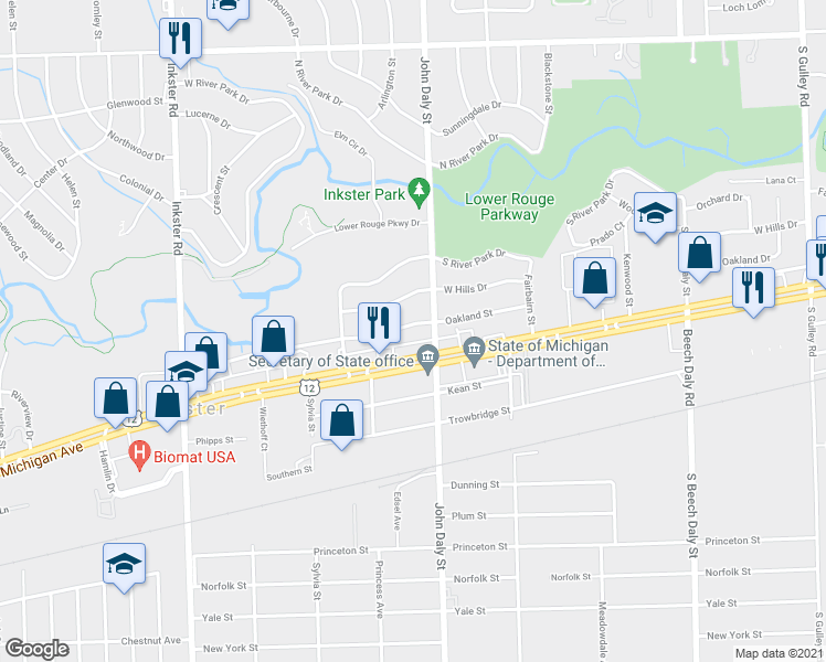 map of restaurants, bars, coffee shops, grocery stores, and more near 26645 Oakland Street in Inkster
