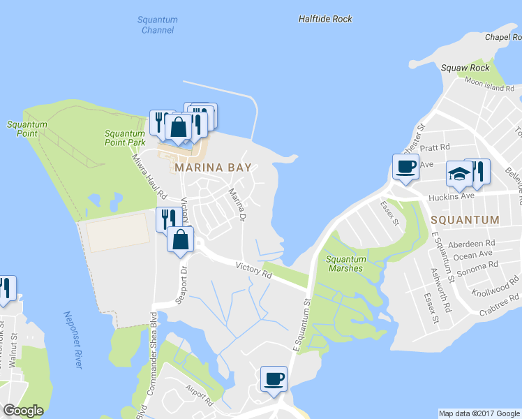map of restaurants, bars, coffee shops, grocery stores, and more near 19 Schooner Lane in Quincy