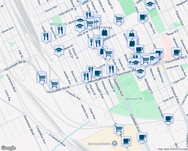 map of restaurants, bars, coffee shops, grocery stores, and more near 1650 Dougall Avenue in Windsor