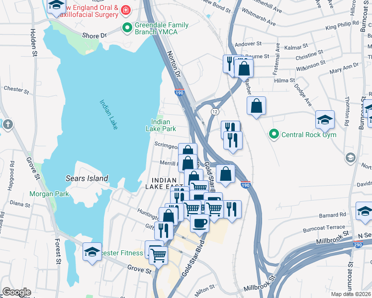 map of restaurants, bars, coffee shops, grocery stores, and more near 4 Scrimgeour Road in Worcester
