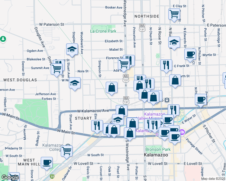 map of restaurants, bars, coffee shops, grocery stores, and more near 608 West Ransom Street in Kalamazoo