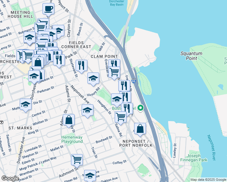 map of restaurants, bars, coffee shops, grocery stores, and more near 106 Victory Road in Boston