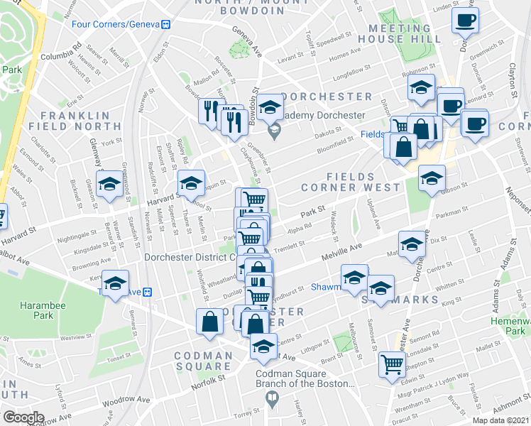 map of restaurants, bars, coffee shops, grocery stores, and more near 101 Claybourne Street in Boston