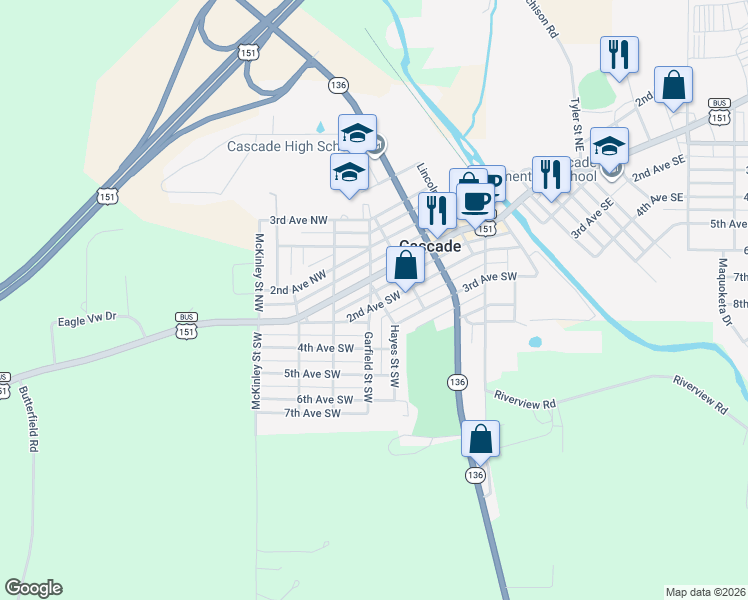 map of restaurants, bars, coffee shops, grocery stores, and more near 519 1st Avenue West in Cascade