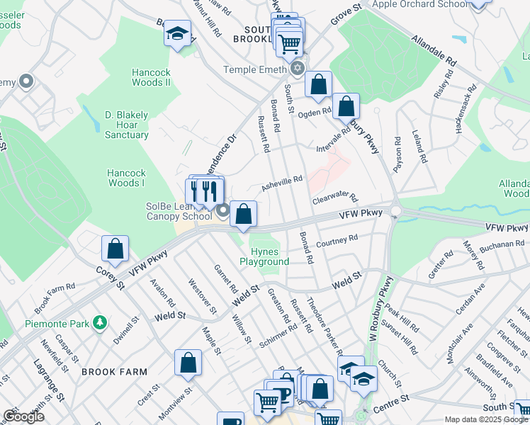 map of restaurants, bars, coffee shops, grocery stores, and more near 93 Asheville Road in Brookline