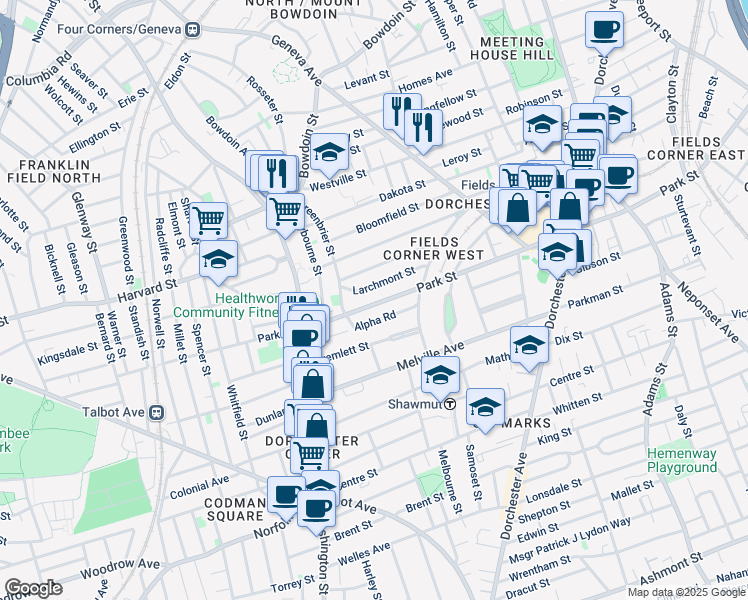 map of restaurants, bars, coffee shops, grocery stores, and more near 359 Park Street in Boston