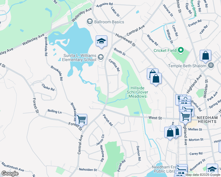 map of restaurants, bars, coffee shops, grocery stores, and more near 16 Cynthia Road in Needham