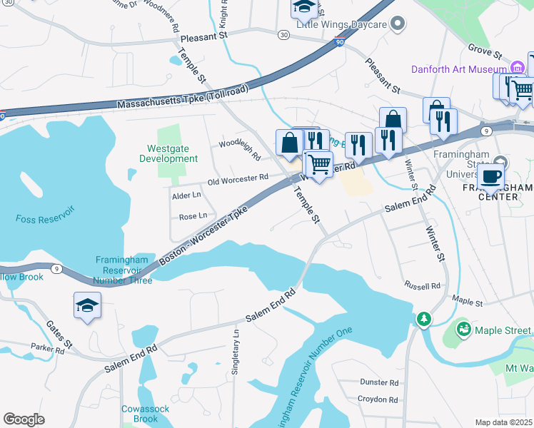 map of restaurants, bars, coffee shops, grocery stores, and more near 1296 Worcester Road in Framingham